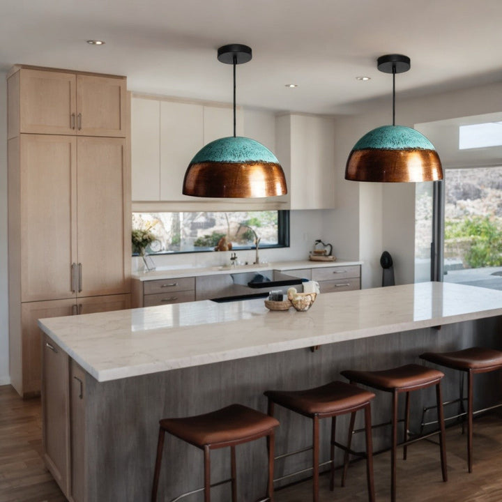 Set of 2 Green Patina Copper Pendant Light,  Oxidized Kitchen Lighting. - bohoprime