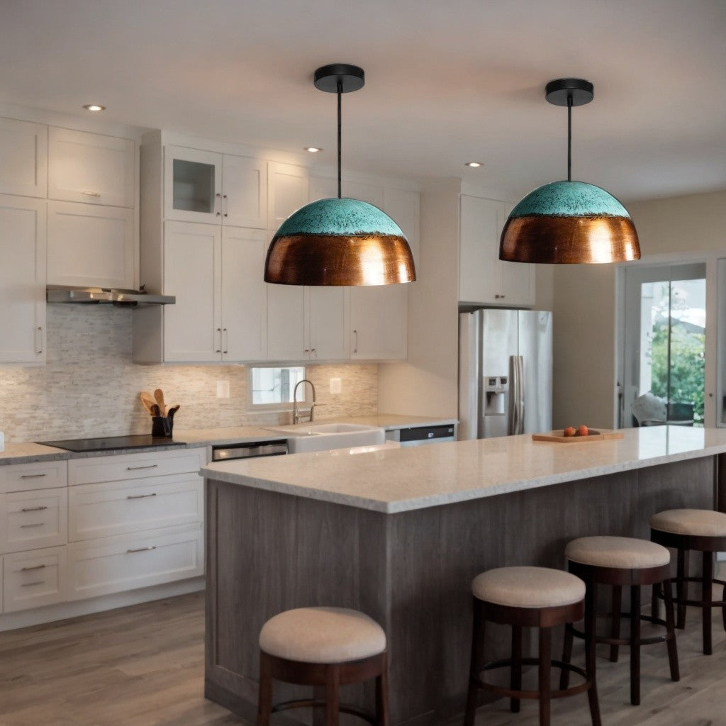 Set of 2 Green Patina Copper Pendant Light,  Oxidized Kitchen Lighting. - bohoprime