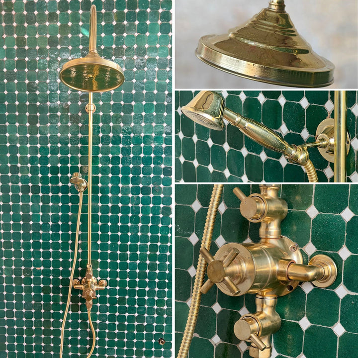 Unlacquered Brass Shower Set, Solid Brass Thermostatic Valve , Round ShowerHead and HandShower - bohoprime