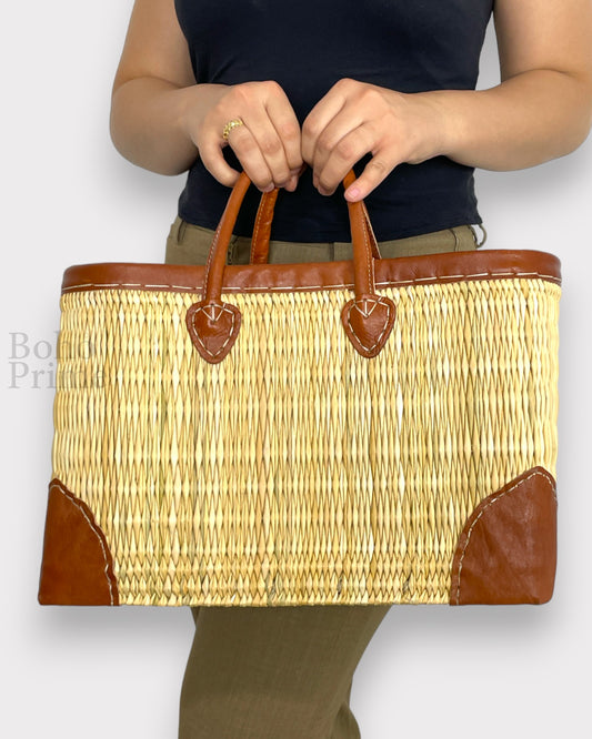 Beach bag with brown leather - Handwoven