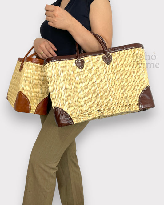Straw Beach bag with leather - Handwoven