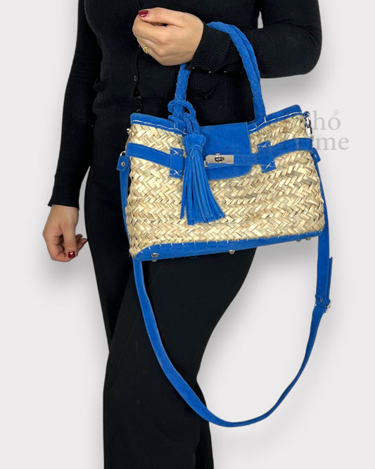 Blue straw bag with leather handles beach bag