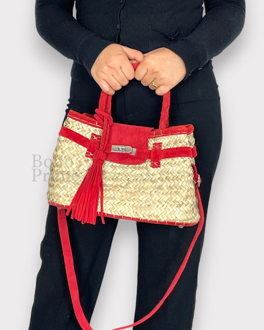 Red straw bag with leather handles beach bag