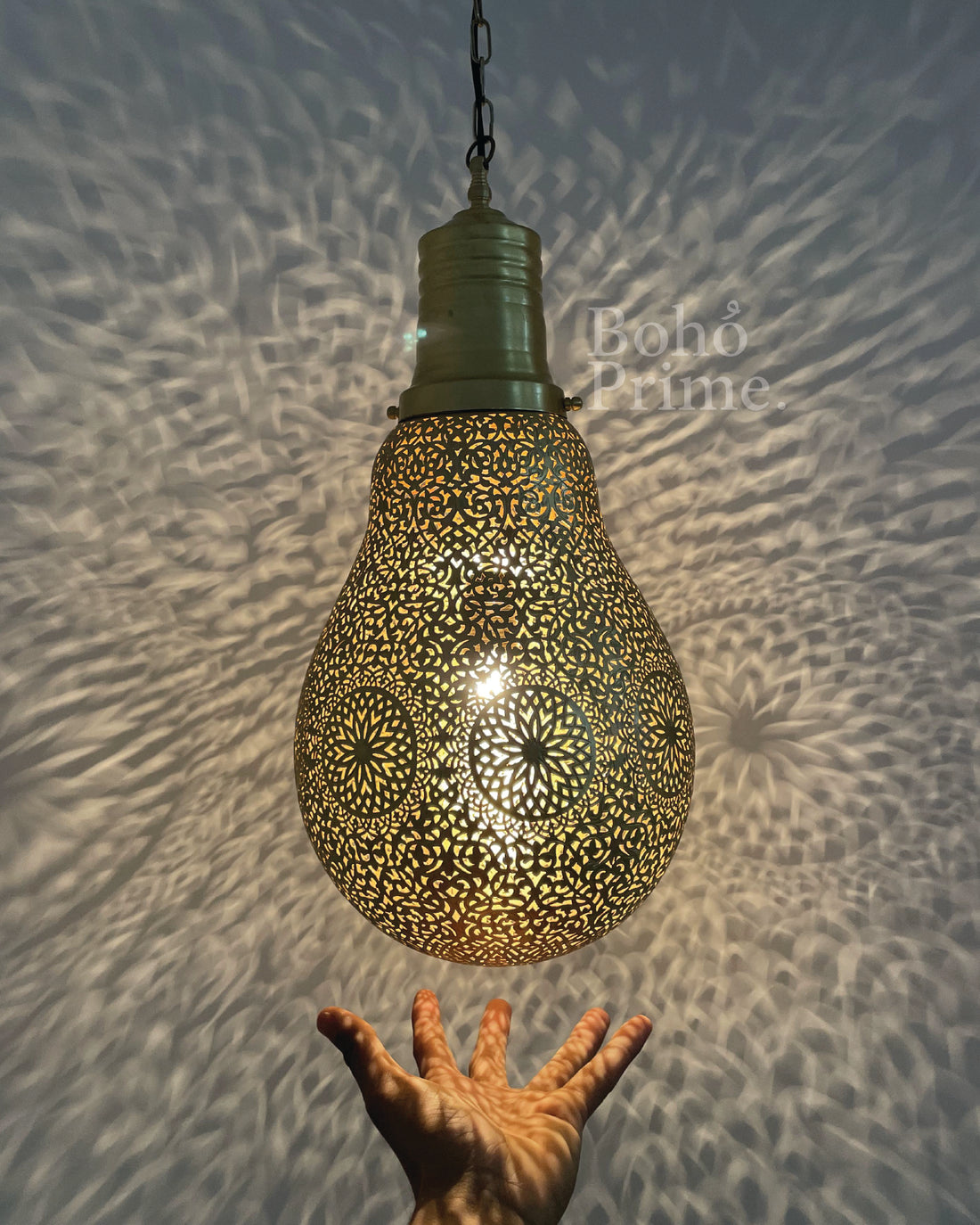 Moroccan Hanging Lamp in Shape of Bulb, Brass Pendant Lighting, Ceiling Light Shade - bohoprime