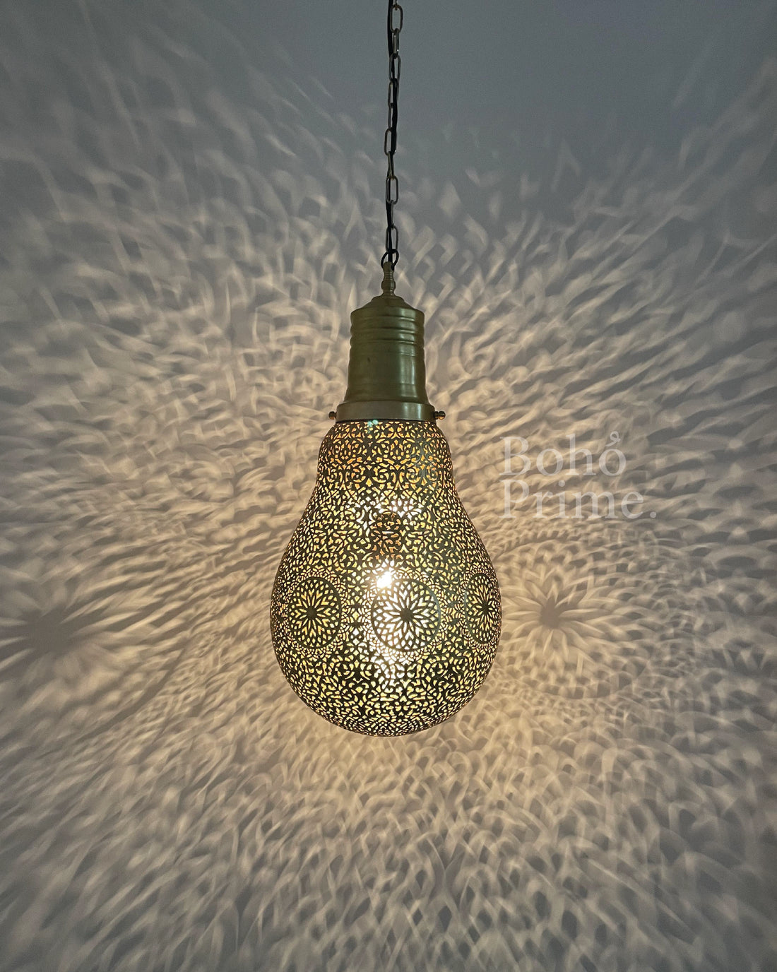 Moroccan Hanging Lamp in Shape of Bulb, Brass Pendant Lighting, Ceiling Light Shade - bohoprime