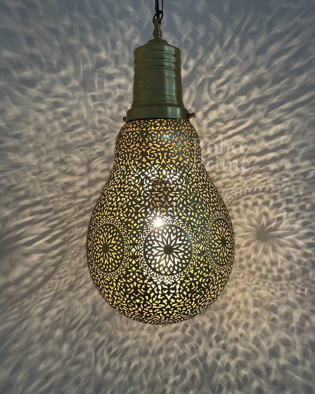 Moroccan Hanging Lamp in Shape of Bulb, Brass Pendant Lighting, Ceiling Light Shade - bohoprime