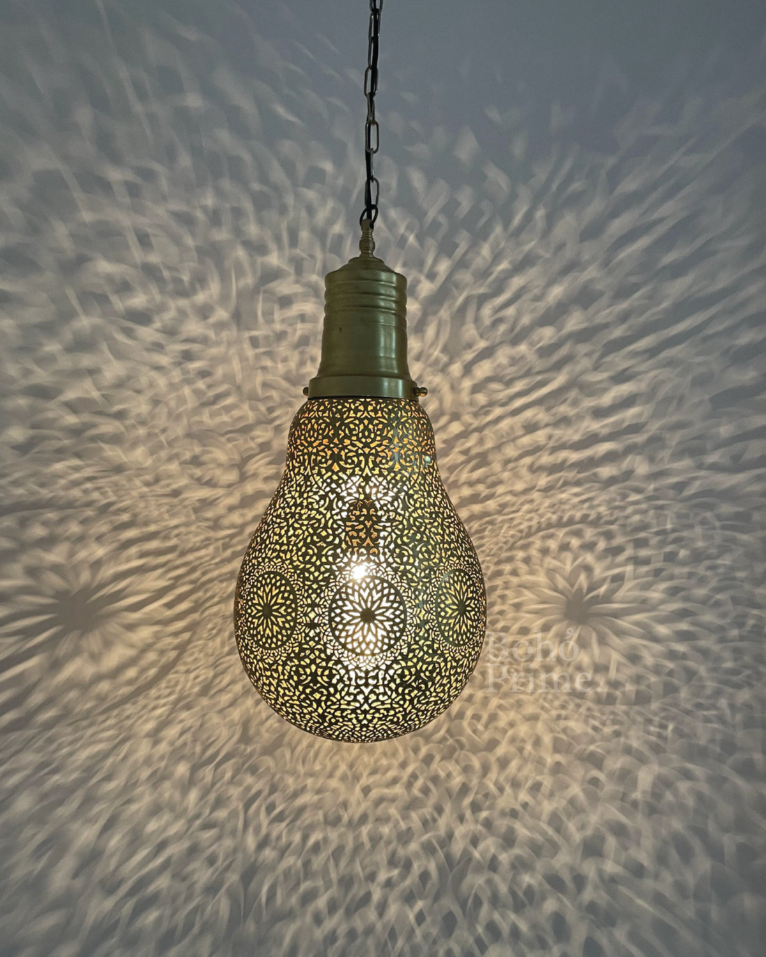 Moroccan Hanging Lamp in Shape of Bulb, Brass Pendant Lighting, Ceiling Light Shade - bohoprime