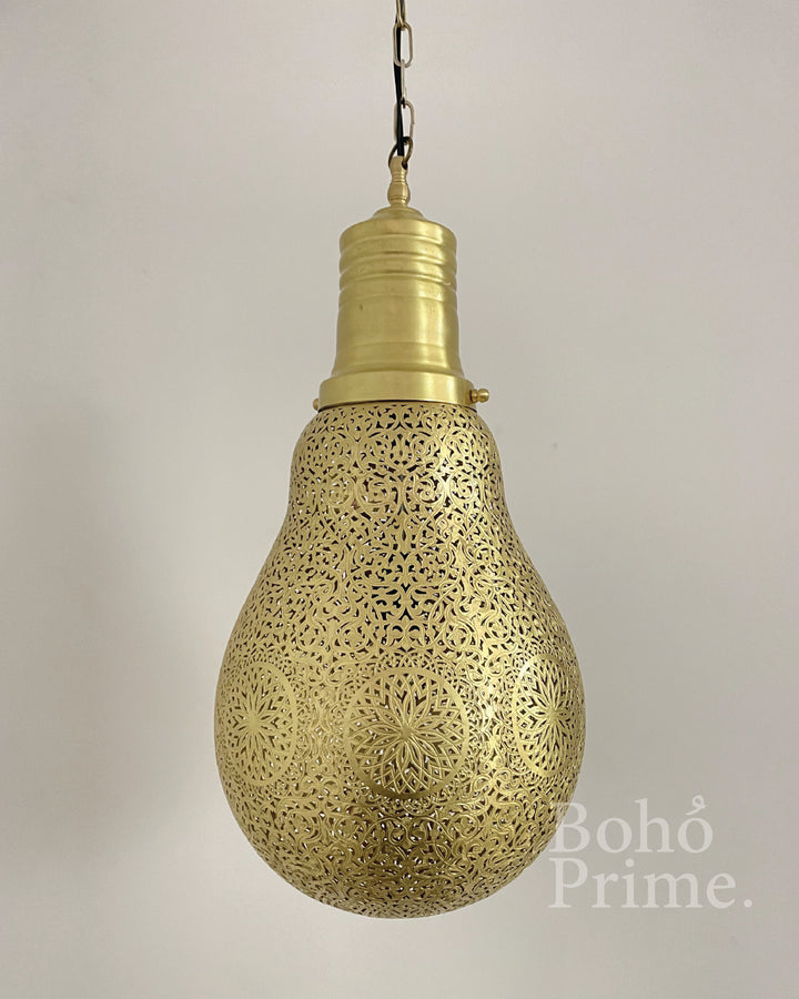 Moroccan Hanging Lamp in Shape of Bulb, Brass Pendant Lighting, Ceiling Light Shade - bohoprime