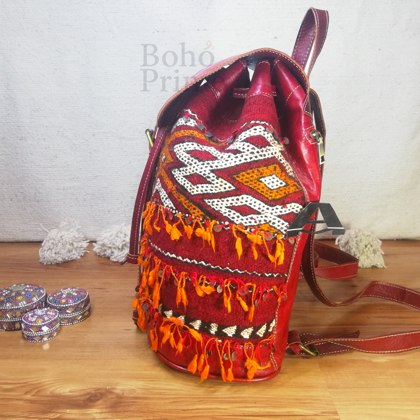 Handmade Moroccan Backpack Leather Woven Kilim Shoulder Bag, Travel Bag Ethnic, Berber Bohemian Backpack, Vintage Unique Stylish Handbag