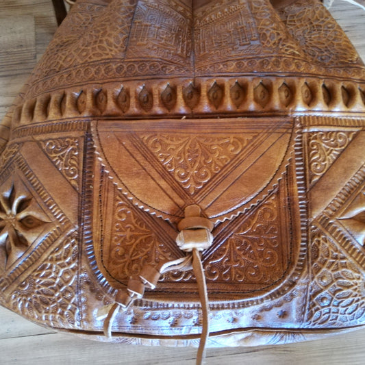 Moroccan Leather drawstring bag, Leather drawstring bag, Leather handwork bucket bag, Wanderlust Bag, Handmade Engraved Leather Bag