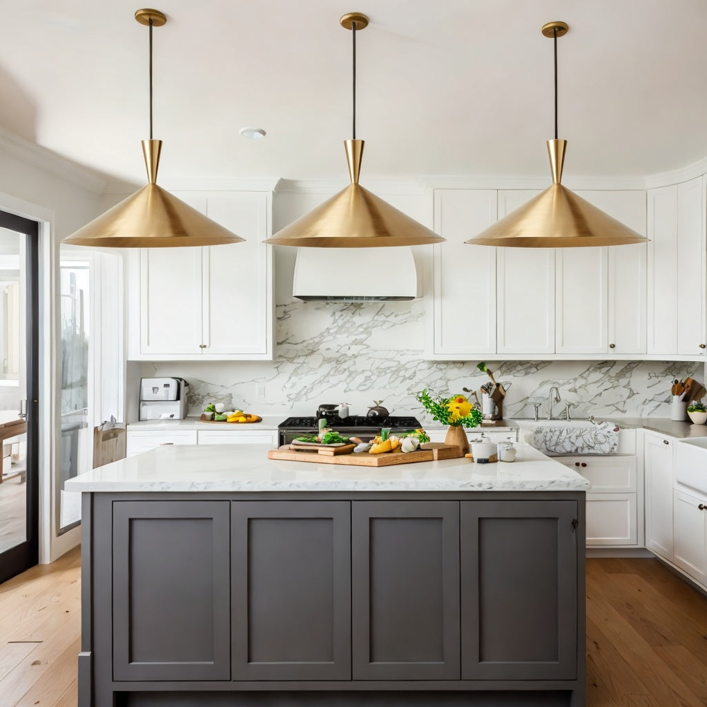 Set of 3 Polished Brass Cone Pendant Light, Kitchen Island Light. - bohoprime