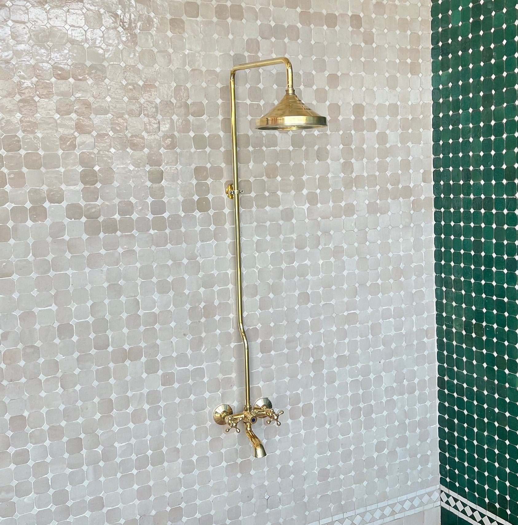 Unlacquered Brass Shower System, Round Shower Head with High Pressure - bohoprime
