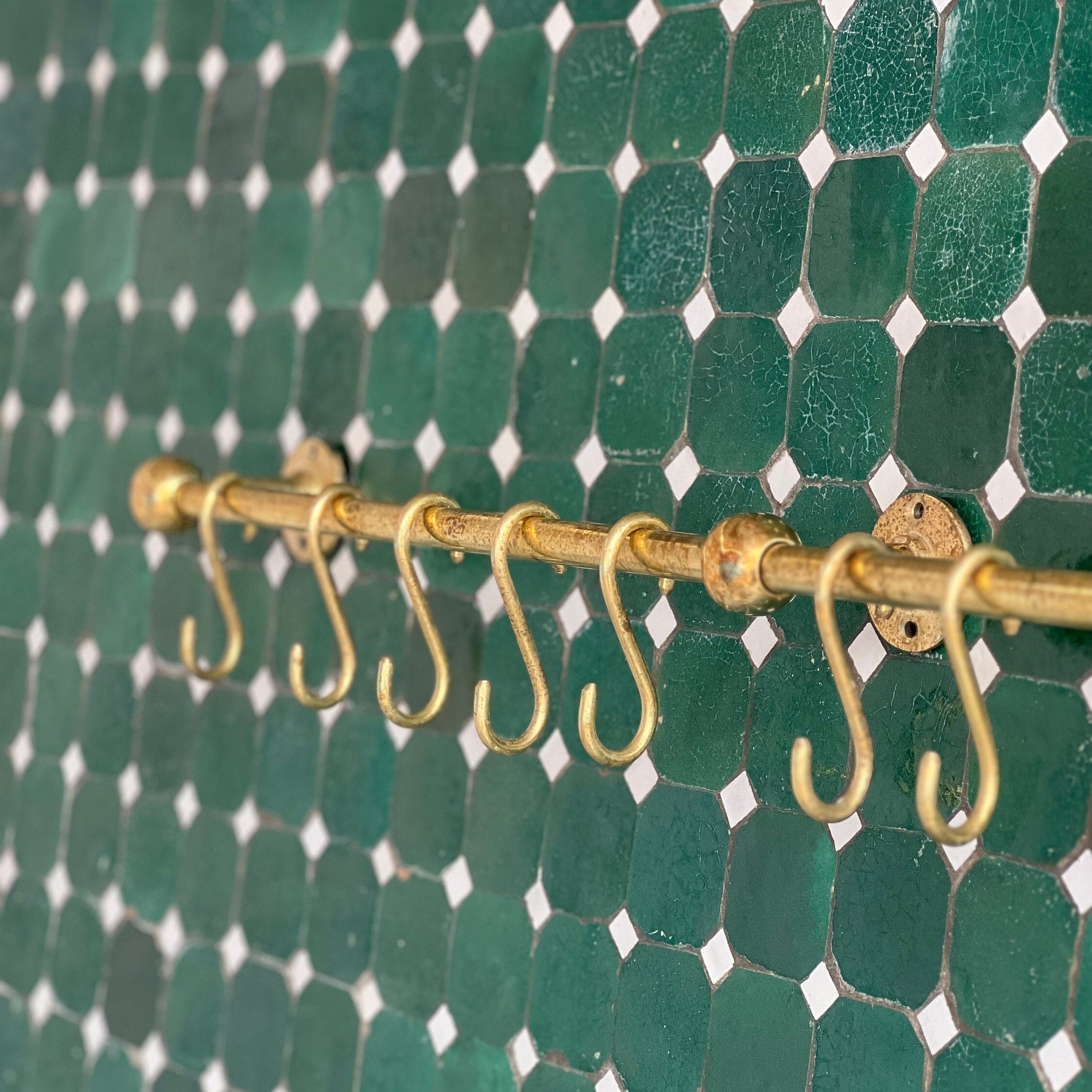 Unlacquered Brass Pot Rail, Brass Rod , Vintage Brass Rail, Pot Rail and Hooks - bohoprime