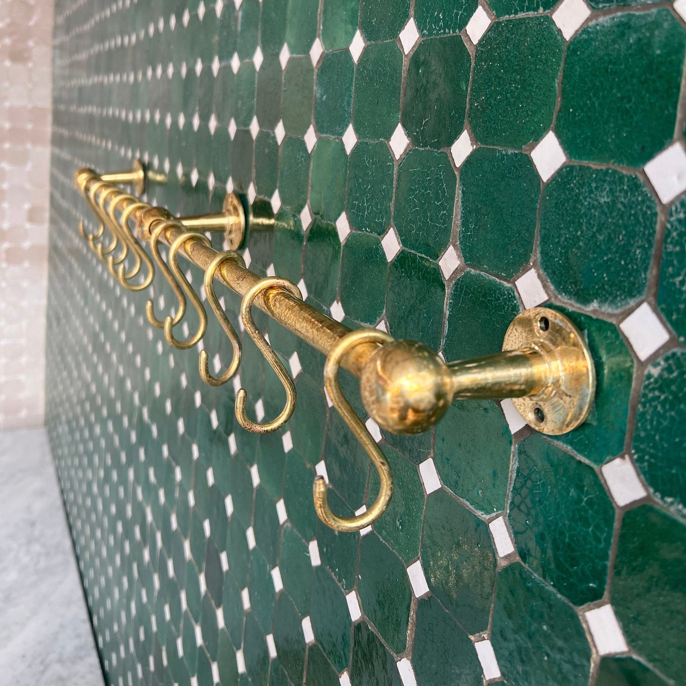 Unlacquered Brass Pot Rail, Brass Rod , Vintage Brass Rail, Pot Rail and Hooks - bohoprime