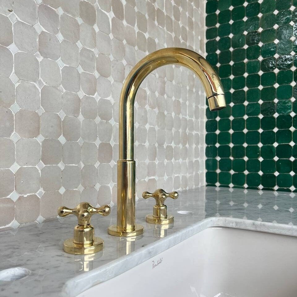 Widespread Bathroom Faucet in unlacquered Brass, Vintage Faucet Handles - bohoprime