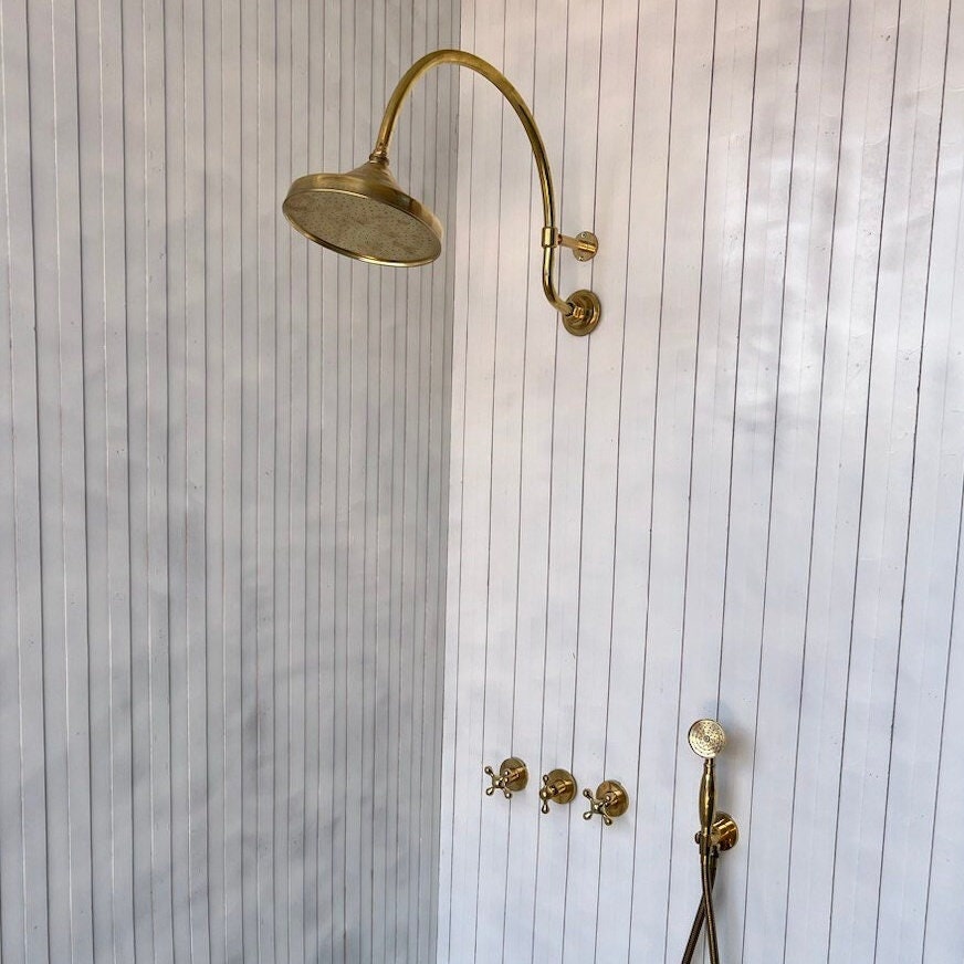 Unlacquered Brass Shower Set, Vintage Brass Shower With Handheld Shower &amp; Shower Head - bohoprime