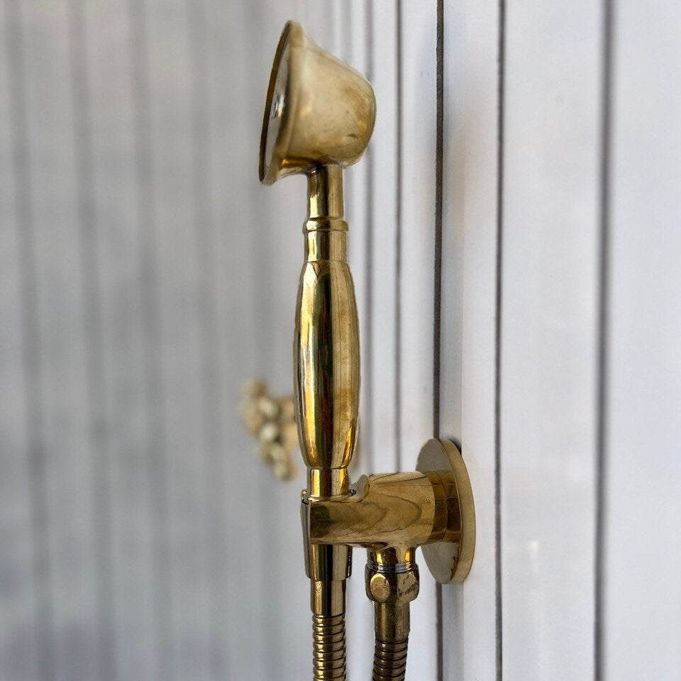 Unlacquered Brass Shower Set, Vintage Brass Shower With Handheld Shower &amp; Shower Head - bohoprime