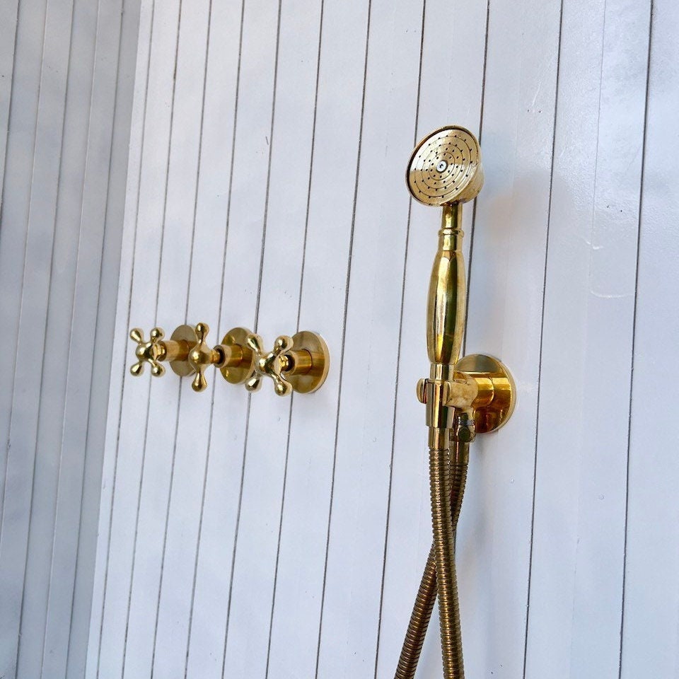 Unlacquered Brass Shower Set, Vintage Brass Shower With Handheld Shower &amp; Shower Head - bohoprime