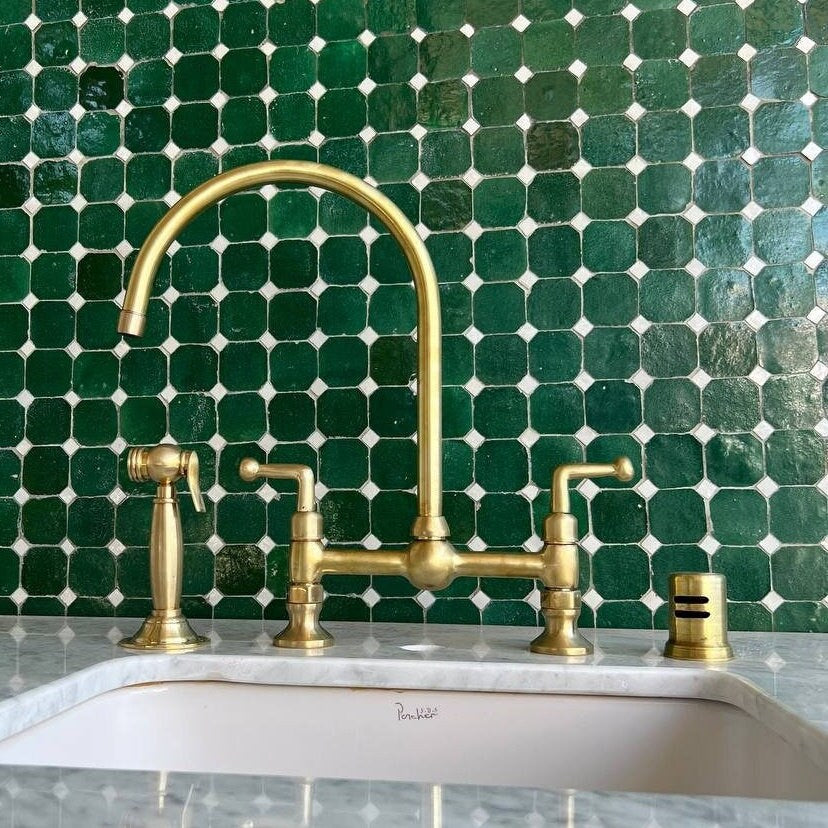 Unlacquered Brass Kitchen Faucet With Lever Handles , Solid Brass Bridge Faucet - bohoprime