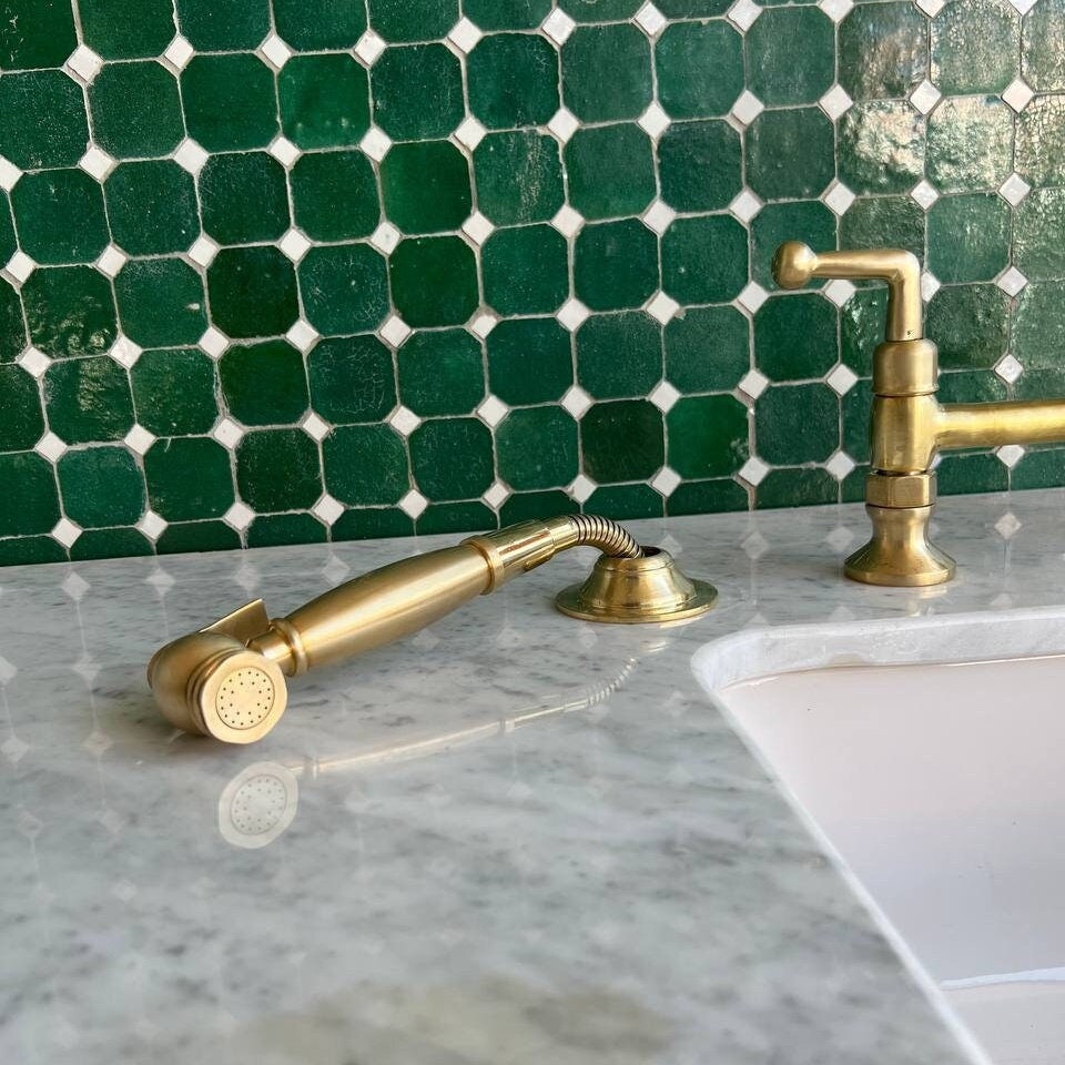 Unlacquered Brass Kitchen Faucet With Lever Handles , Solid Brass Bridge Faucet - bohoprime