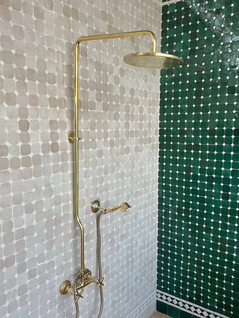 Unlacquered Brass Shower System with Hand Shower, Round Shower Head with High Pressure - bohoprime