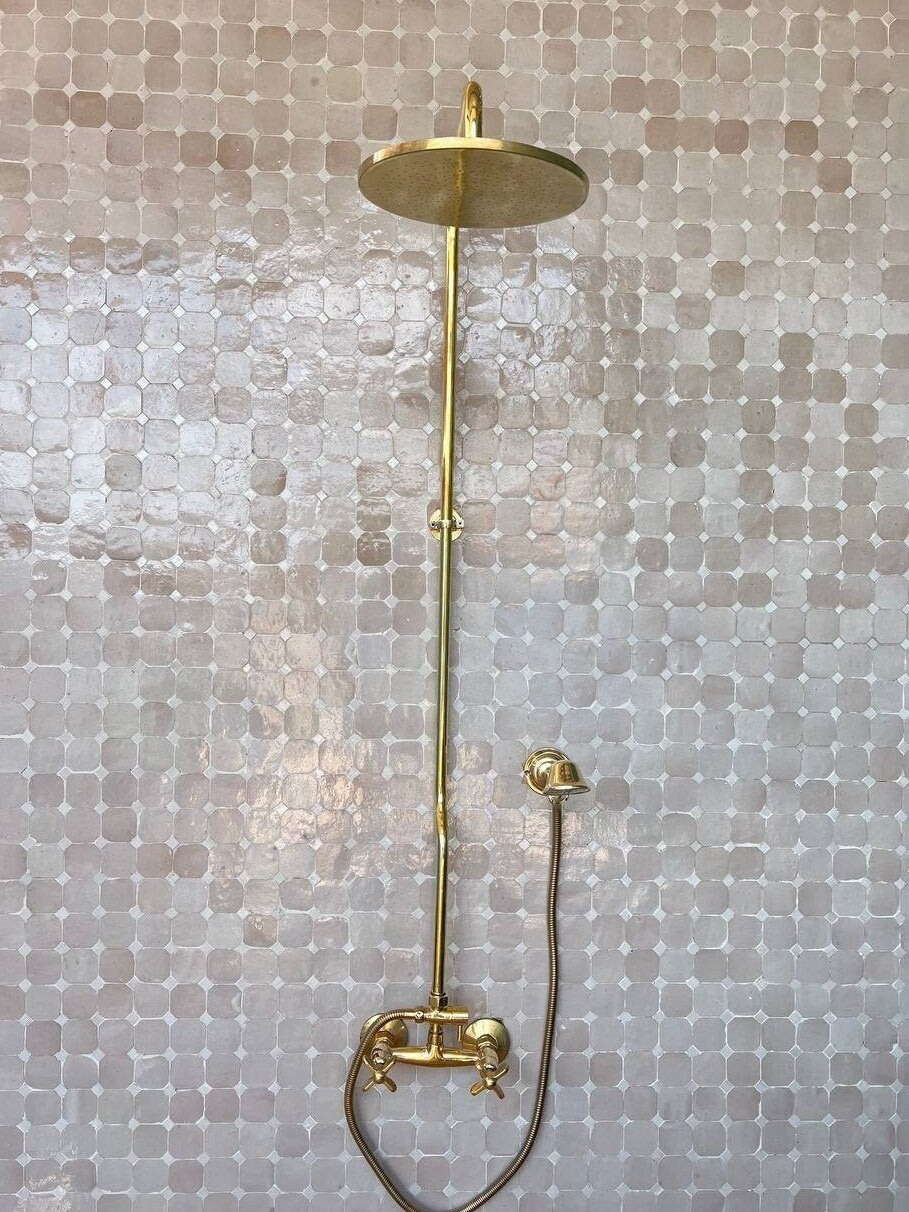 Unlacquered Brass Shower System with Hand Shower, Round Shower Head with High Pressure - bohoprime