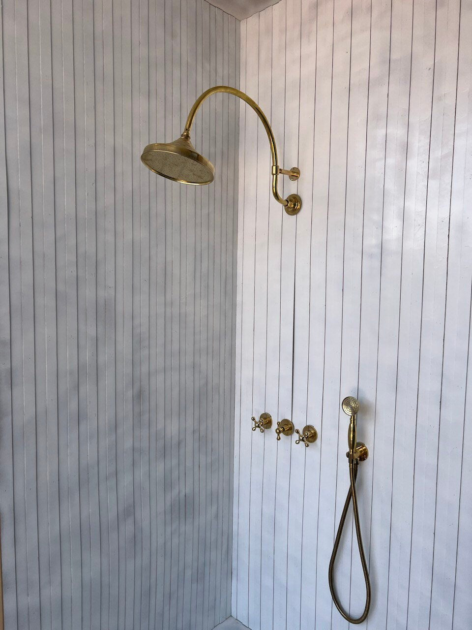 Unlacquered Brass Shower Set, Vintage Brass Shower With Handheld Shower &amp; Shower Head - bohoprime