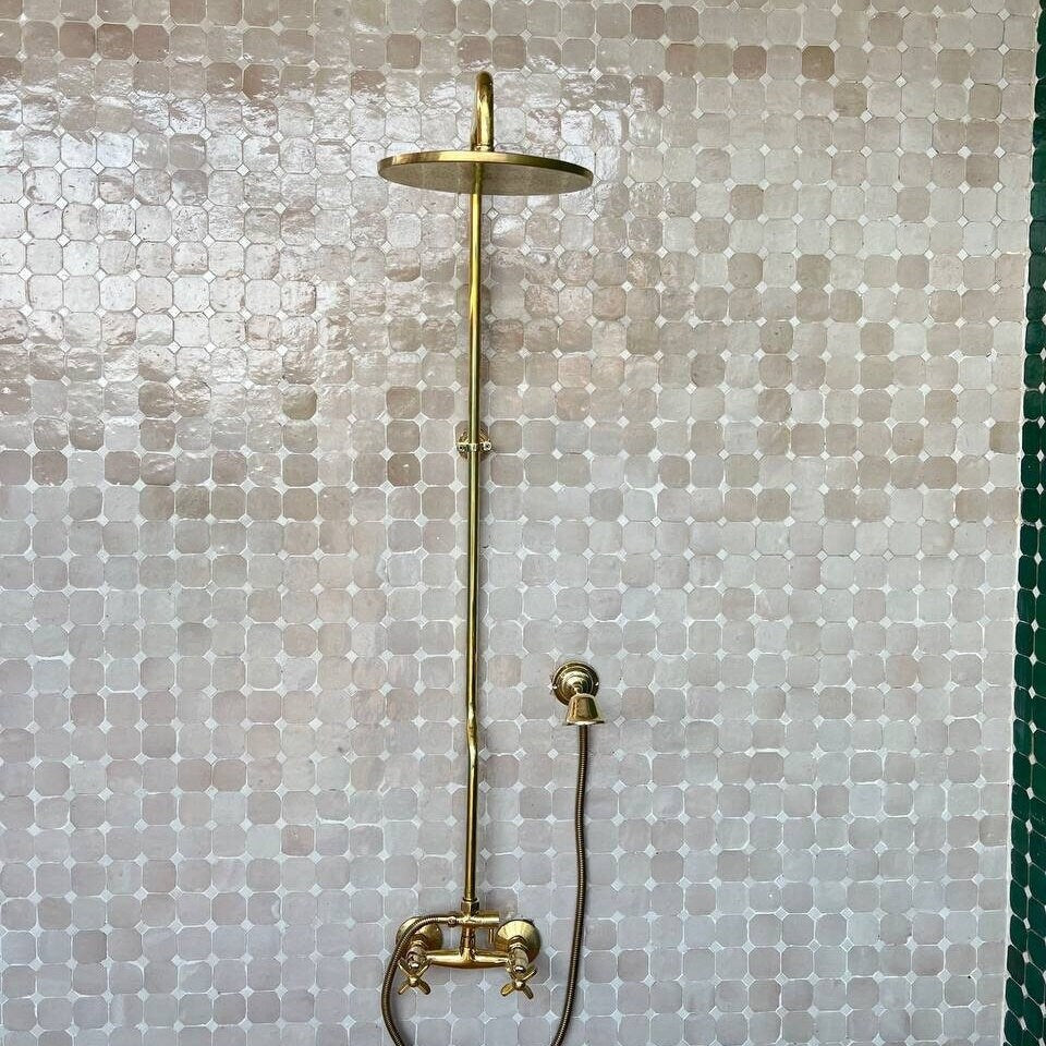 Unlacquered Brass Shower System with Hand Shower, Round Shower Head with High Pressure - bohoprime