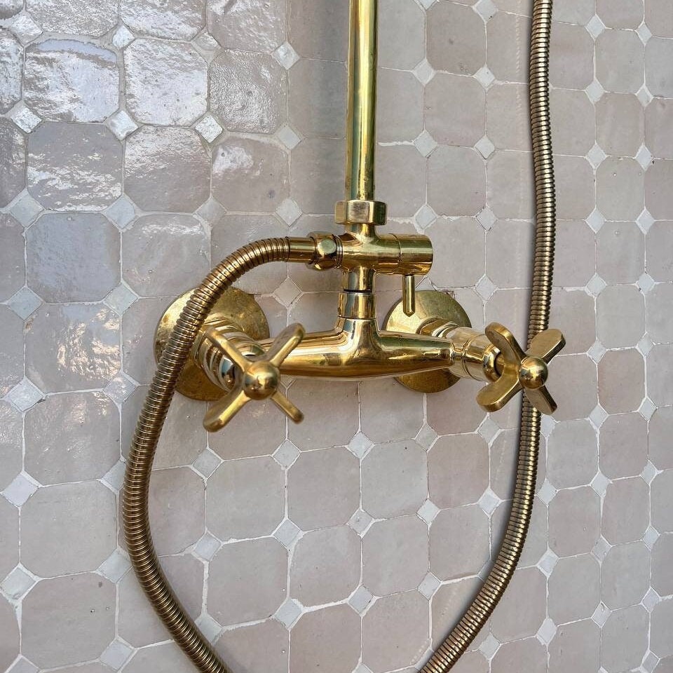 Unlacquered Brass Shower System with Hand Shower, Round Shower Head with High Pressure - bohoprime