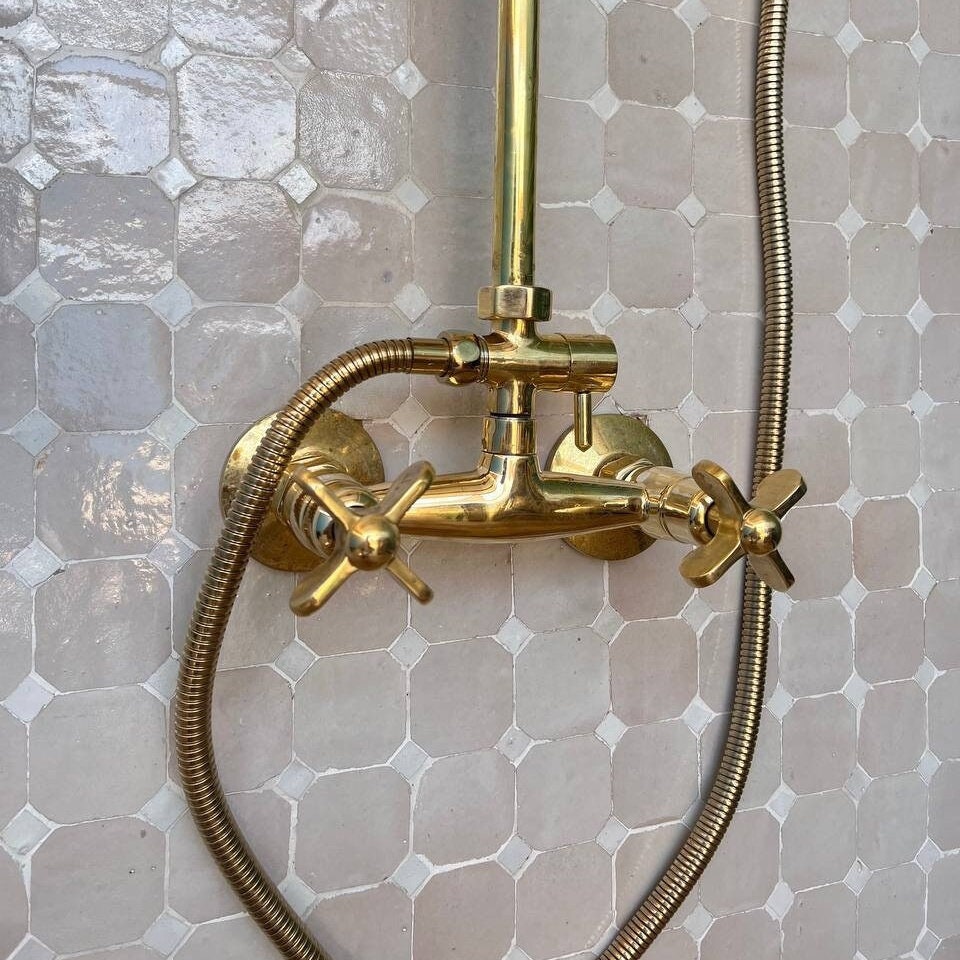 Unlacquered Brass Shower System with Hand Shower, Round Shower Head with High Pressure