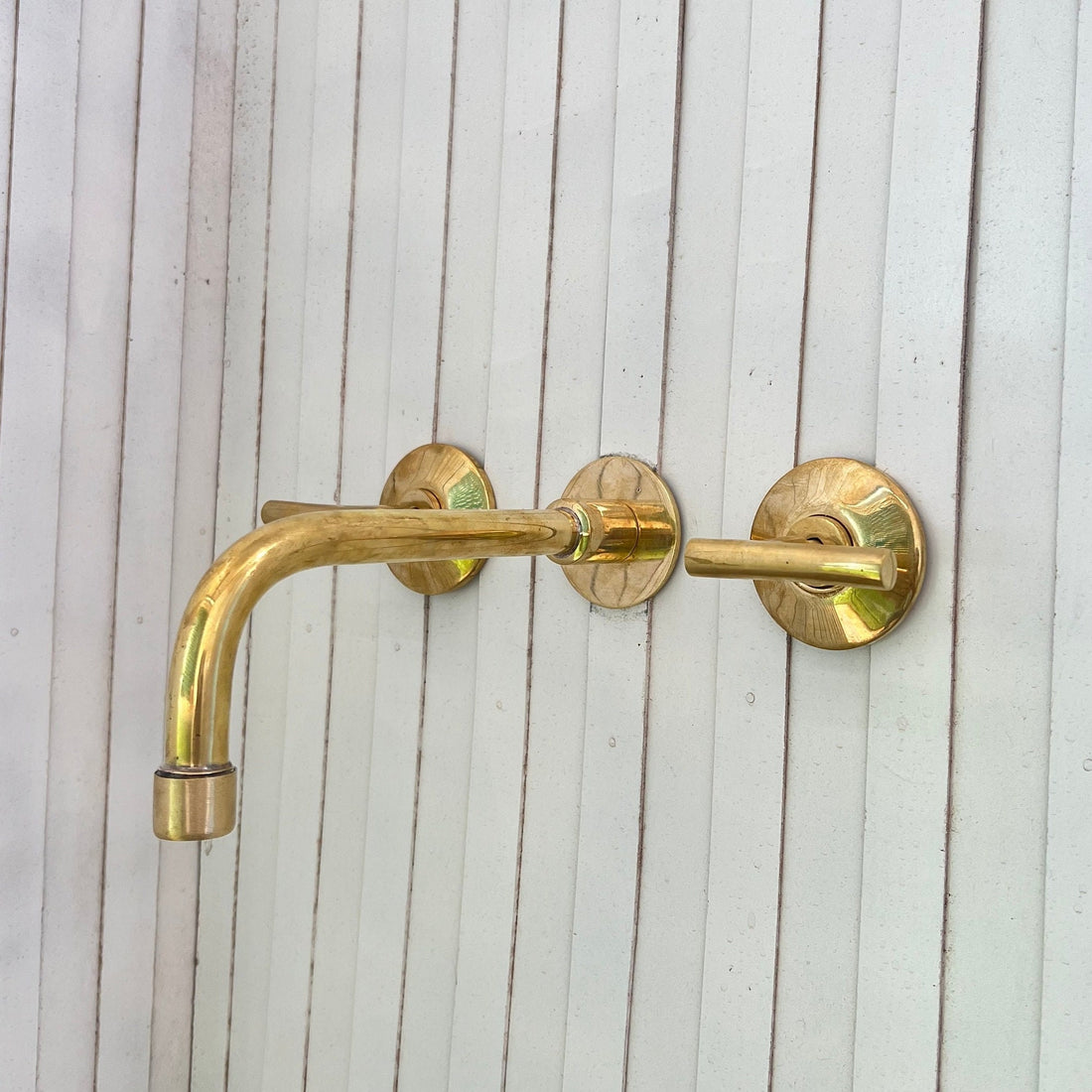 Wall Bathroom Faucet With Lever Handles in Unlacquered Brass - Gold Bathroom Faucet - bohoprime