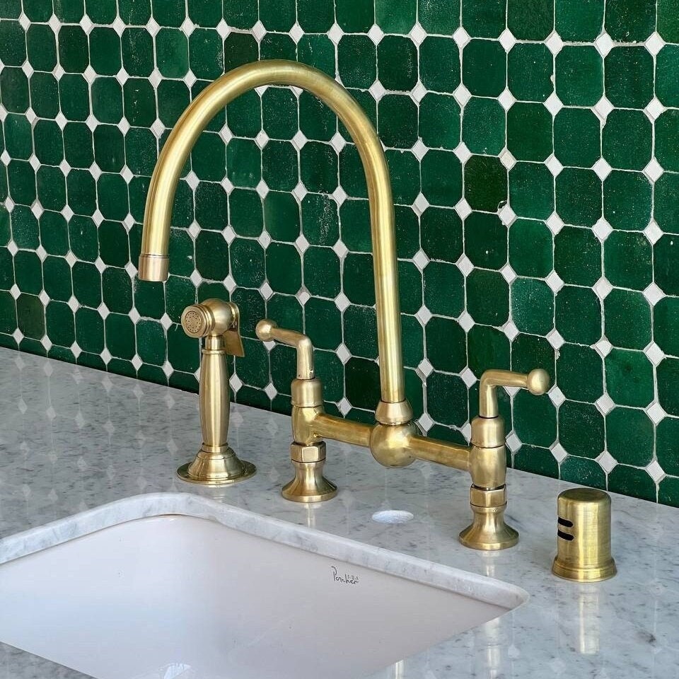 Unlacquered Brass Kitchen Faucet With Lever Handles , Solid Brass Bridge Faucet - bohoprime