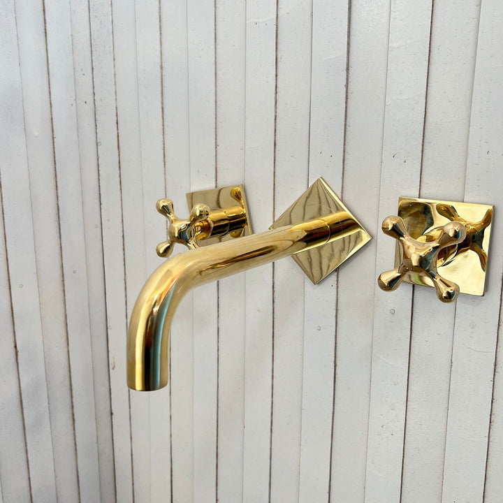 Wall Mounted Bathroom Faucet With Square Baseplate and Cross Handles in Unlacquered Brass - Antique Bathroom Faucets