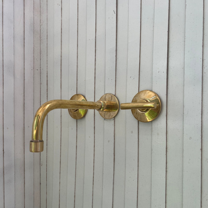Wall Bathroom Faucet With Lever Handles in Unlacquered Brass - Gold Bathroom Faucet