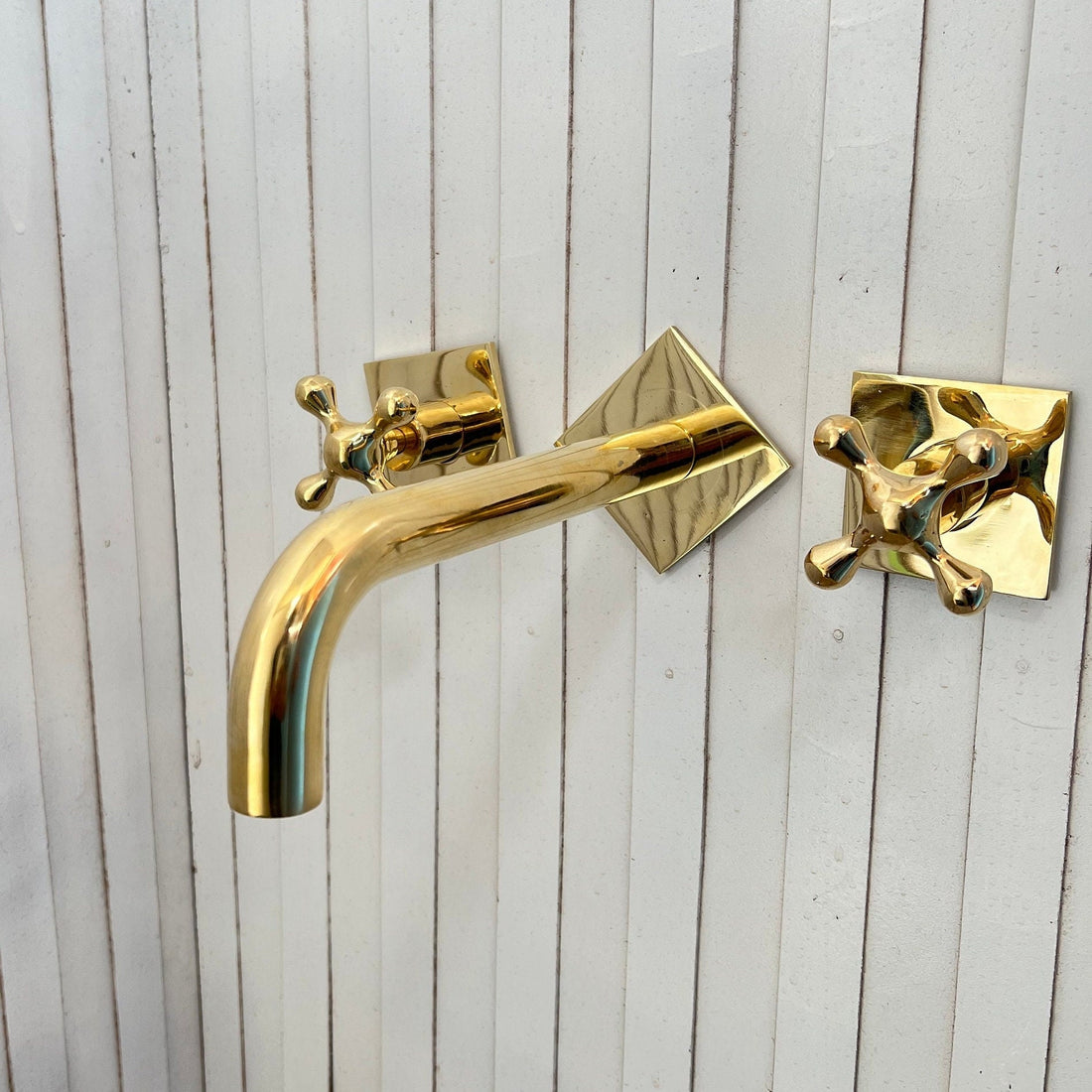 Wall Mounted Bathroom Faucet With Square Baseplate and Cross Handles in Unlacquered Brass - Antique Bathroom Faucets - bohoprime