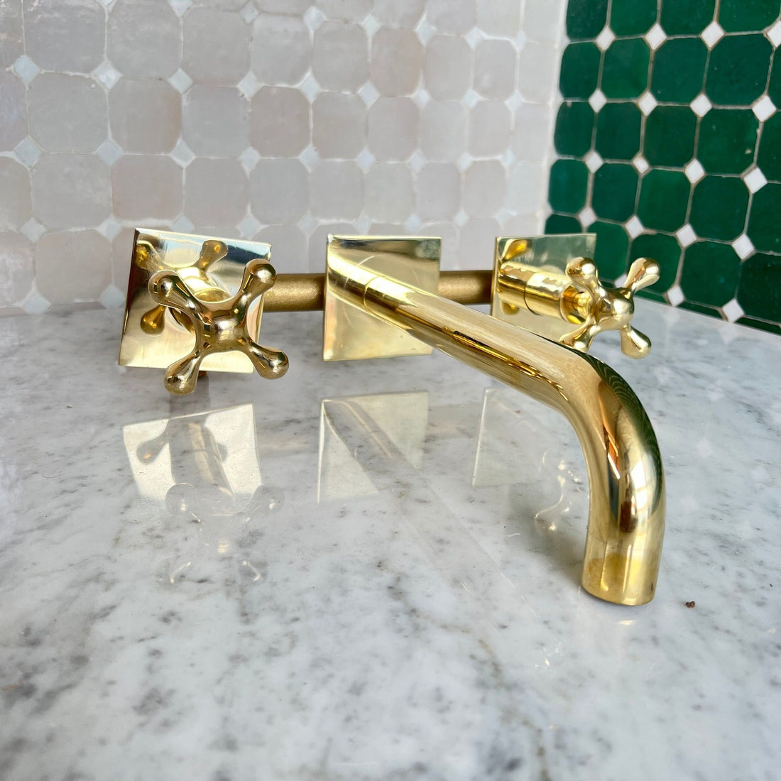 Wall Mounted Bathroom Faucet With Square Baseplate and Cross Handles in Unlacquered Brass - Antique Bathroom Faucets - bohoprime