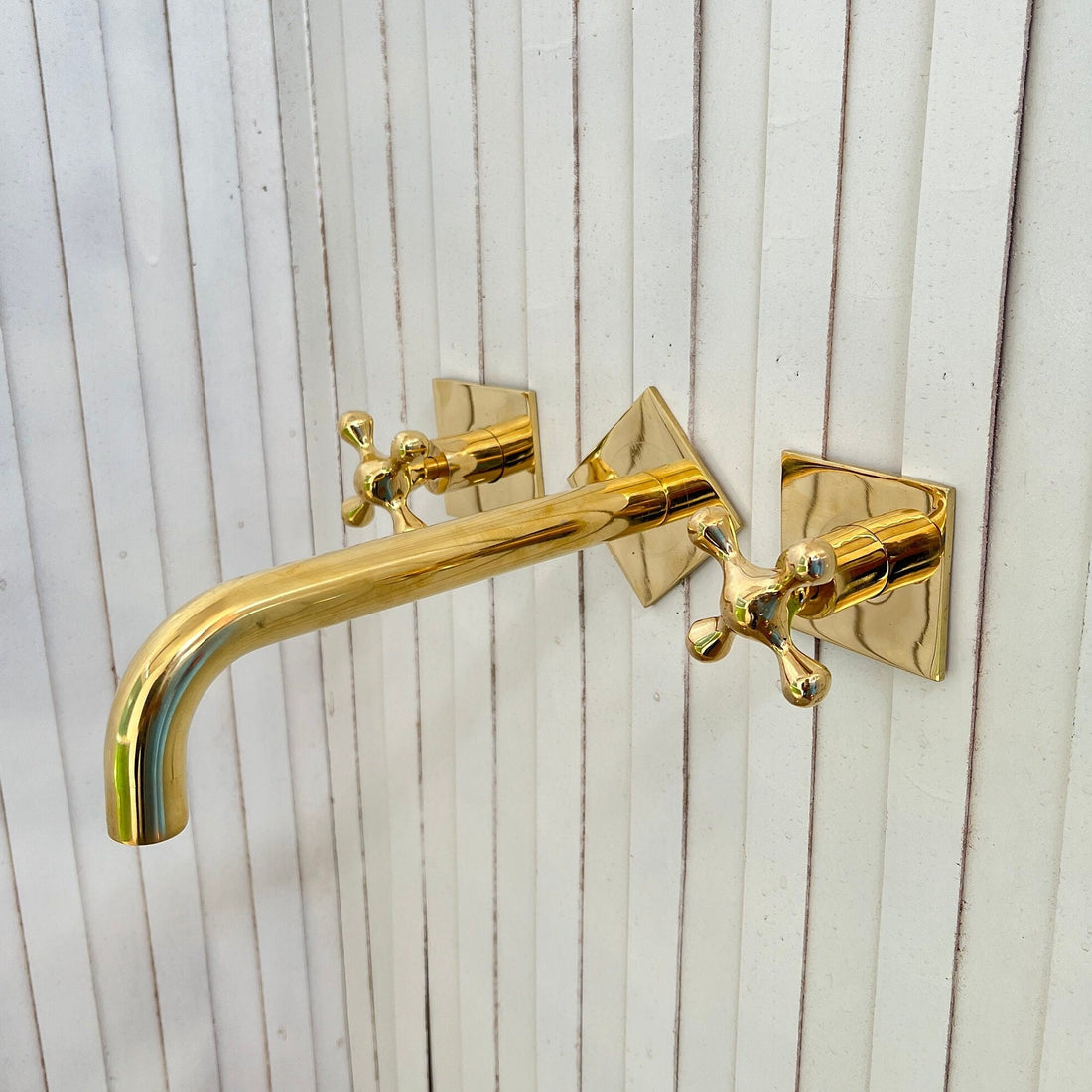 Wall Mounted Bathroom Faucet With Square Baseplate and Cross Handles in Unlacquered Brass - Antique Bathroom Faucets - bohoprime