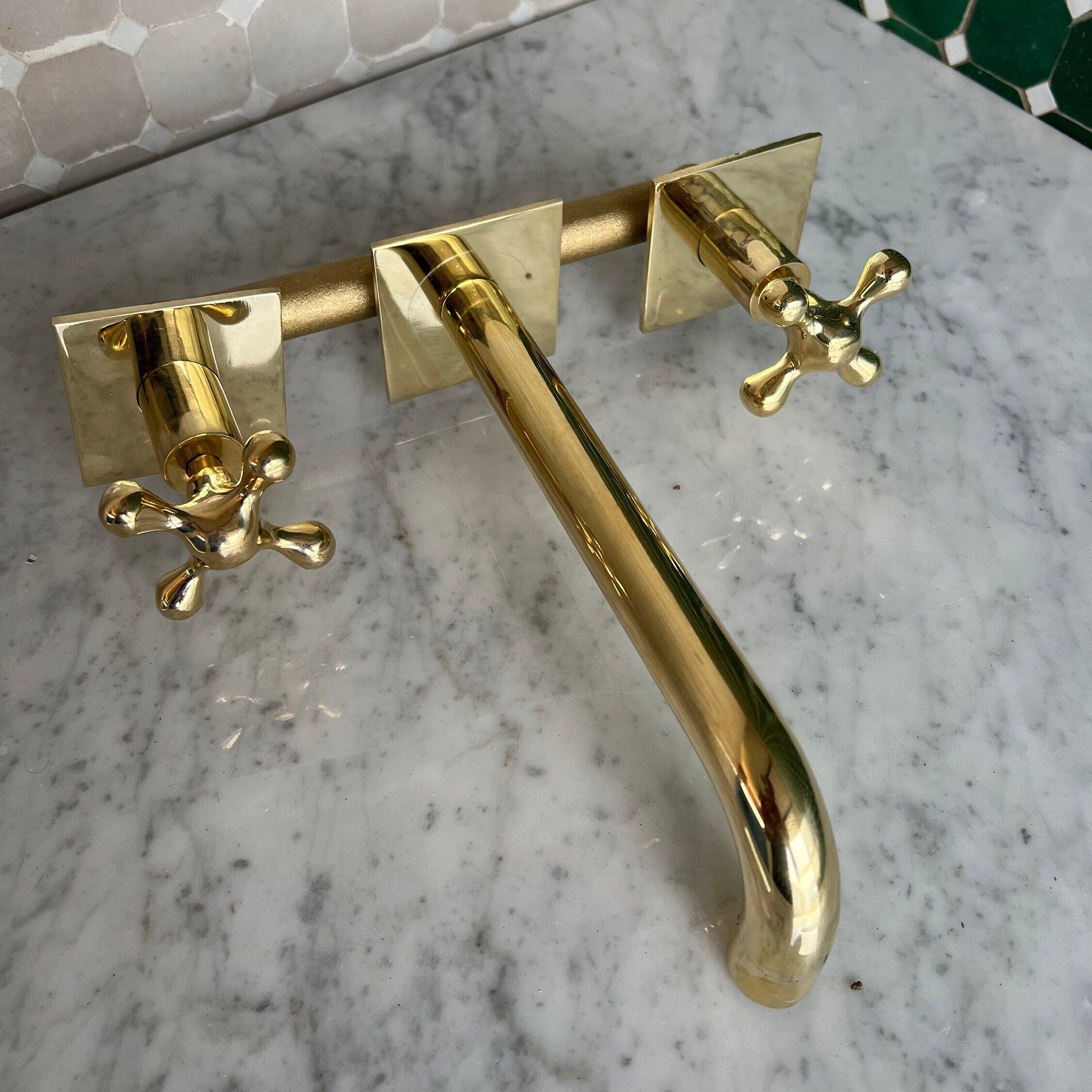 Wall Mounted Bathroom Faucet With Square Baseplate and Cross Handles in Unlacquered Brass - Antique Bathroom Faucets - bohoprime