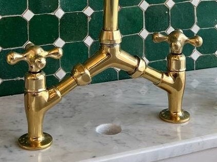 Unlacquered Brass Kitchen Faucet With Flat Handles, Solid Brass Bridge V Style Faucet - bohoprime