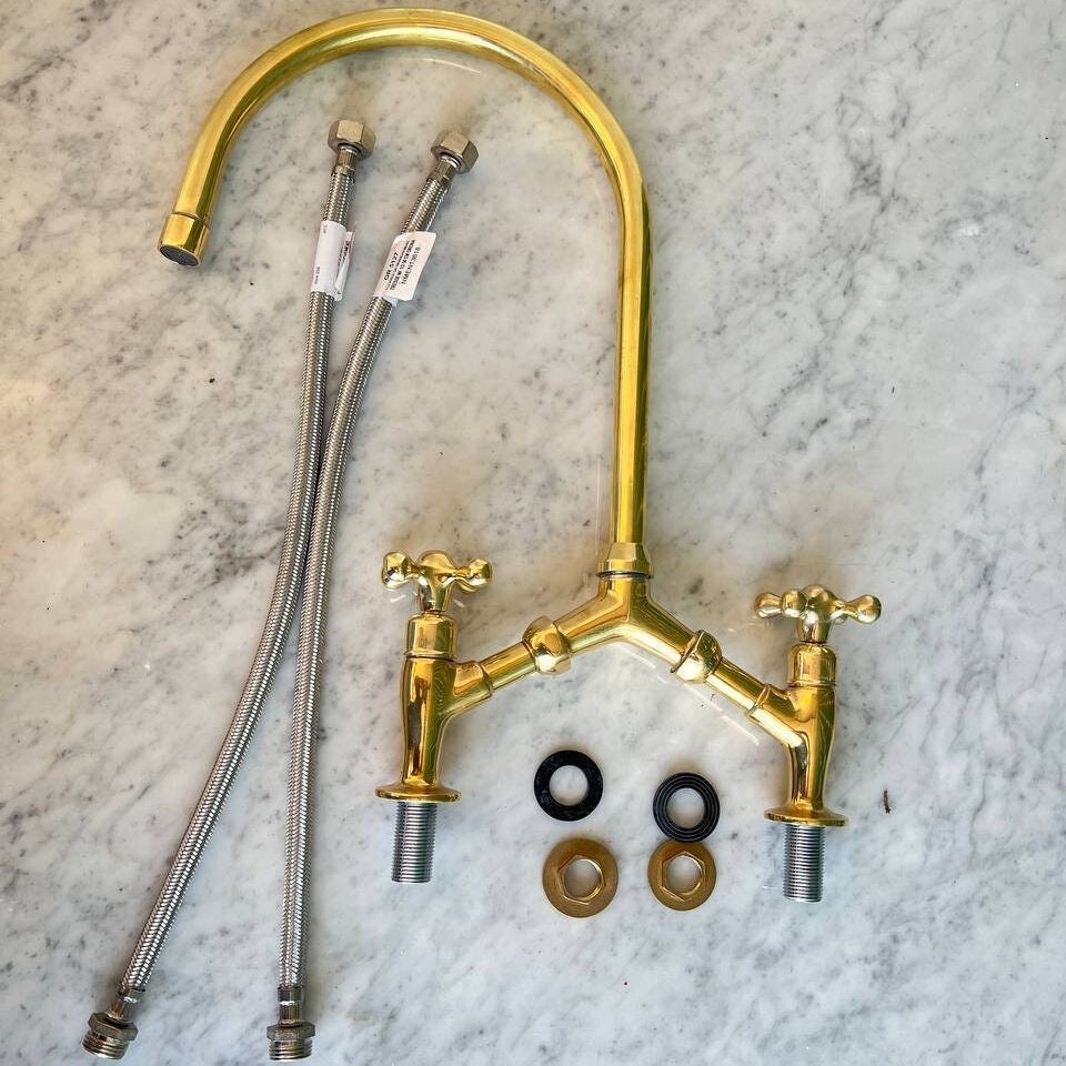Unlacquered Brass Kitchen Faucet With Flat Handles, Solid Brass Bridge V Style Faucet - bohoprime