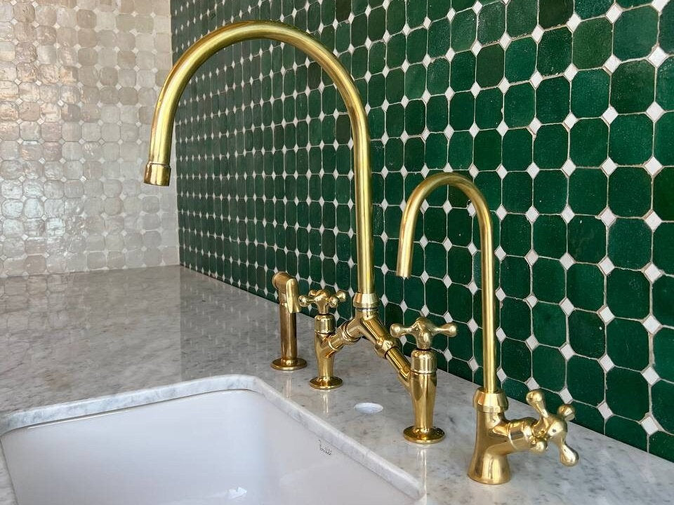 Unlacquered Brass Kitchen Faucet With Flat Handles, Solid Brass Bridge V Style Faucet - bohoprime