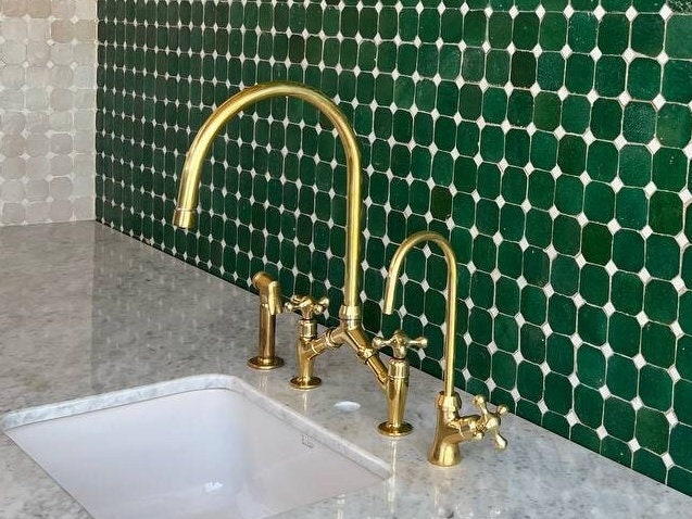 Unlacquered Brass Kitchen Faucet With Flat Handles, Solid Brass Bridge V Style Faucet - bohoprime