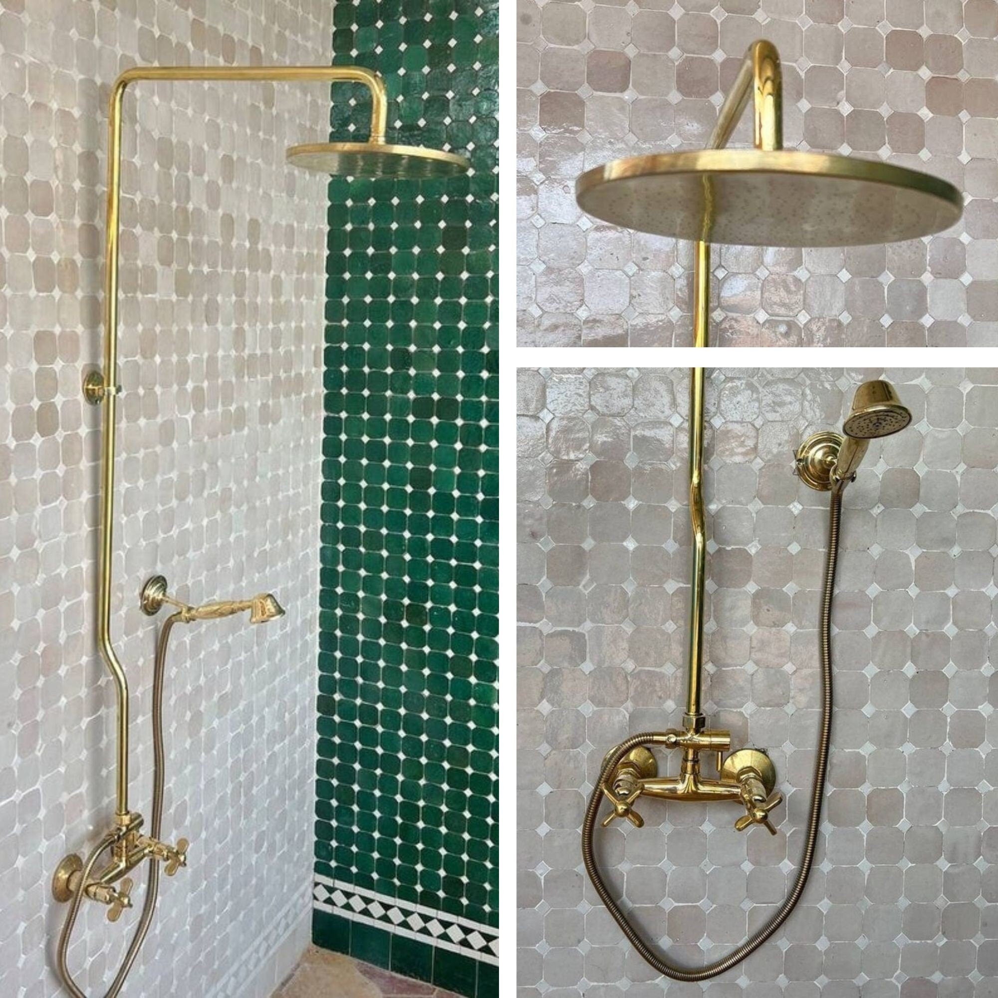 Unlacquered Brass Shower System with Hand Shower, Round Shower Head with High Pressure - bohoprime