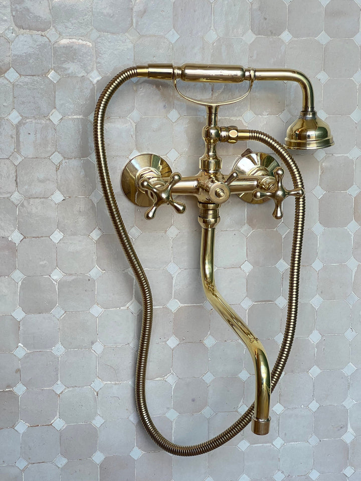 Unlacquered Brass Bathtub Faucet, Vintage Tub Filler for bathroom with sprayer - bohoprime