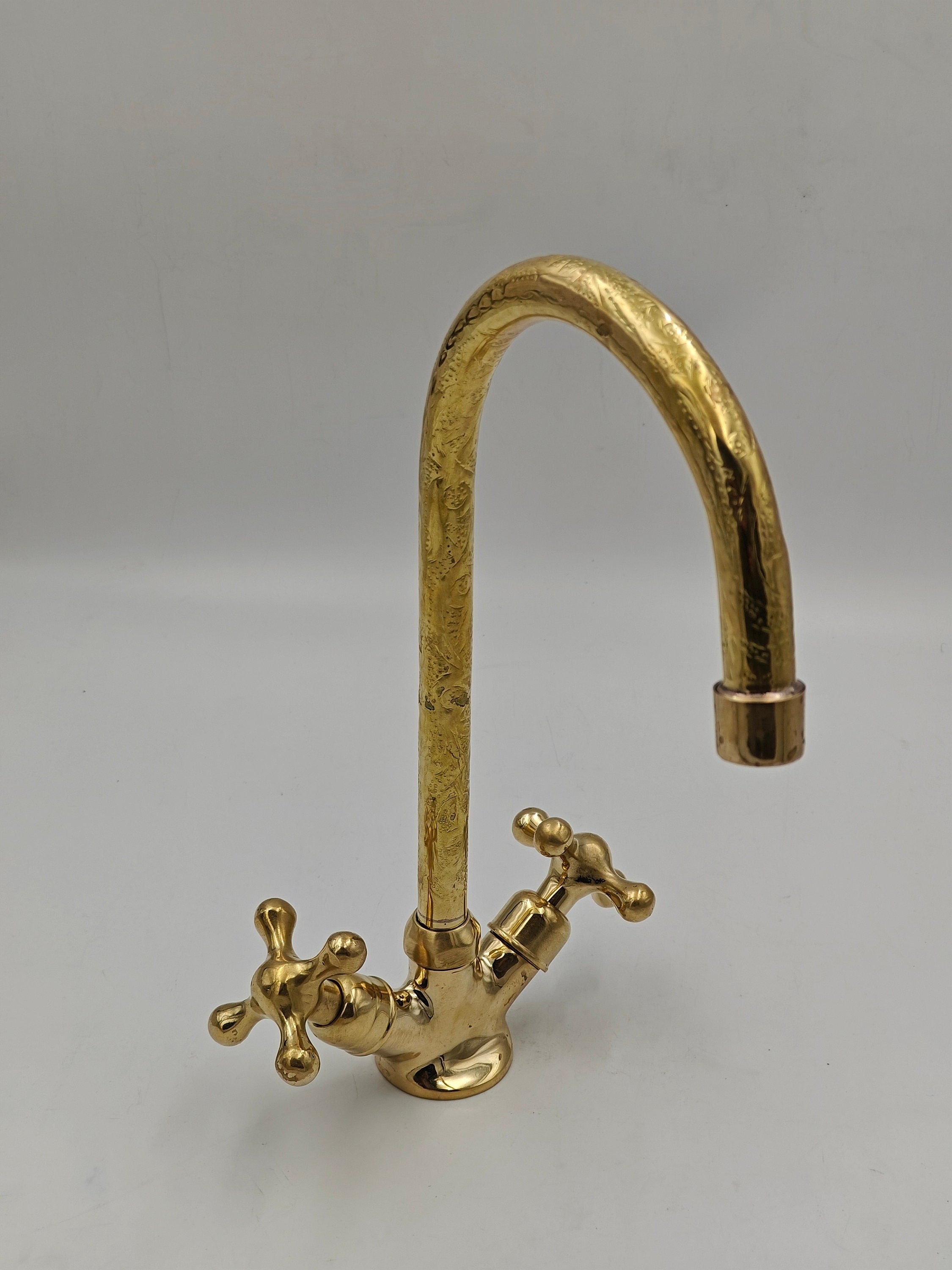 Vintage faucet, Antique brass faucet, Engraved Unlacquered Brass Vanity Sink Faucet - bohoprime