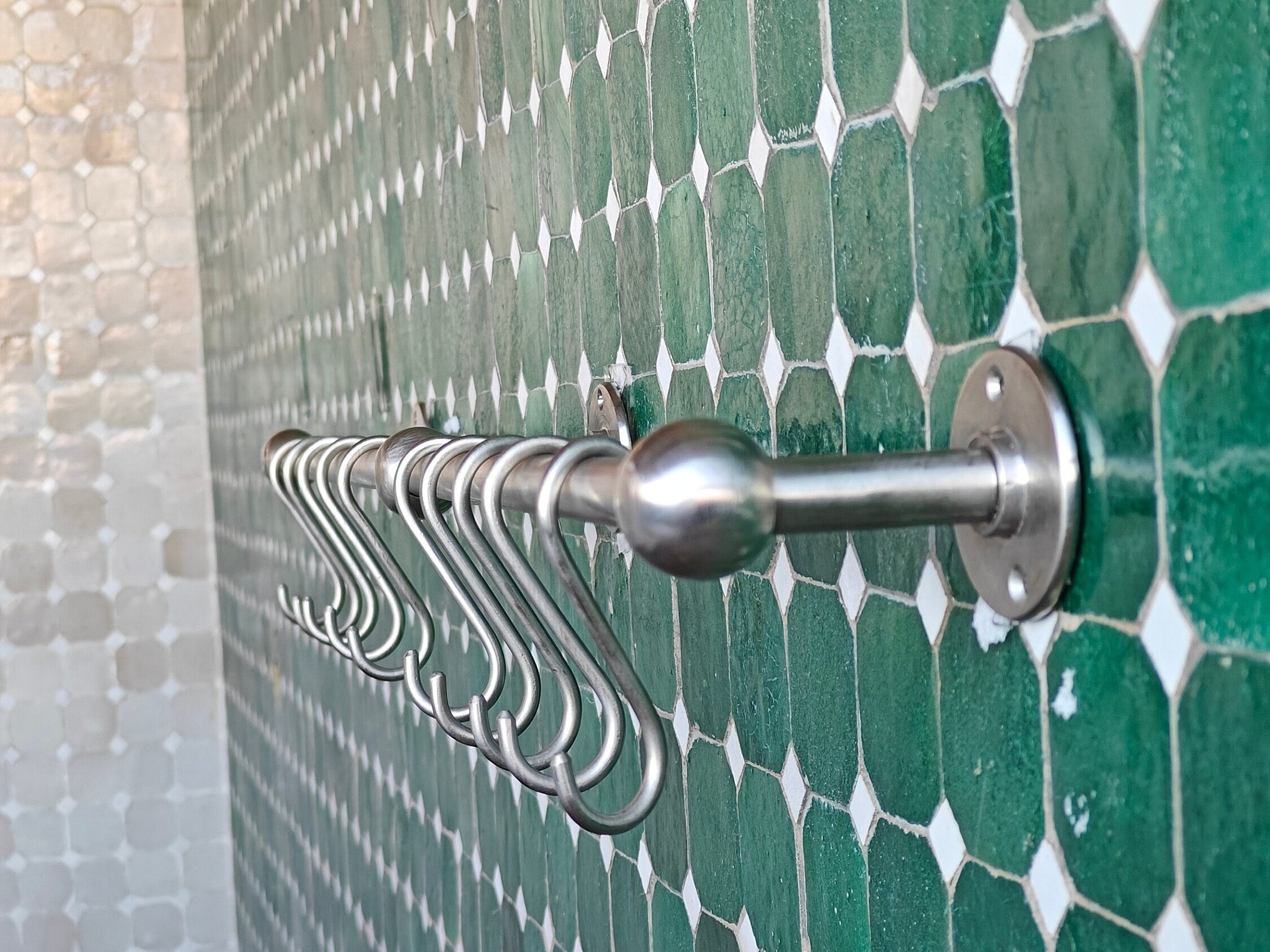 Nickel Brass Pot and Pan shelf Rack Organizer, Wall Mounted Shelf, Brass Handmade Hooks - bohoprime