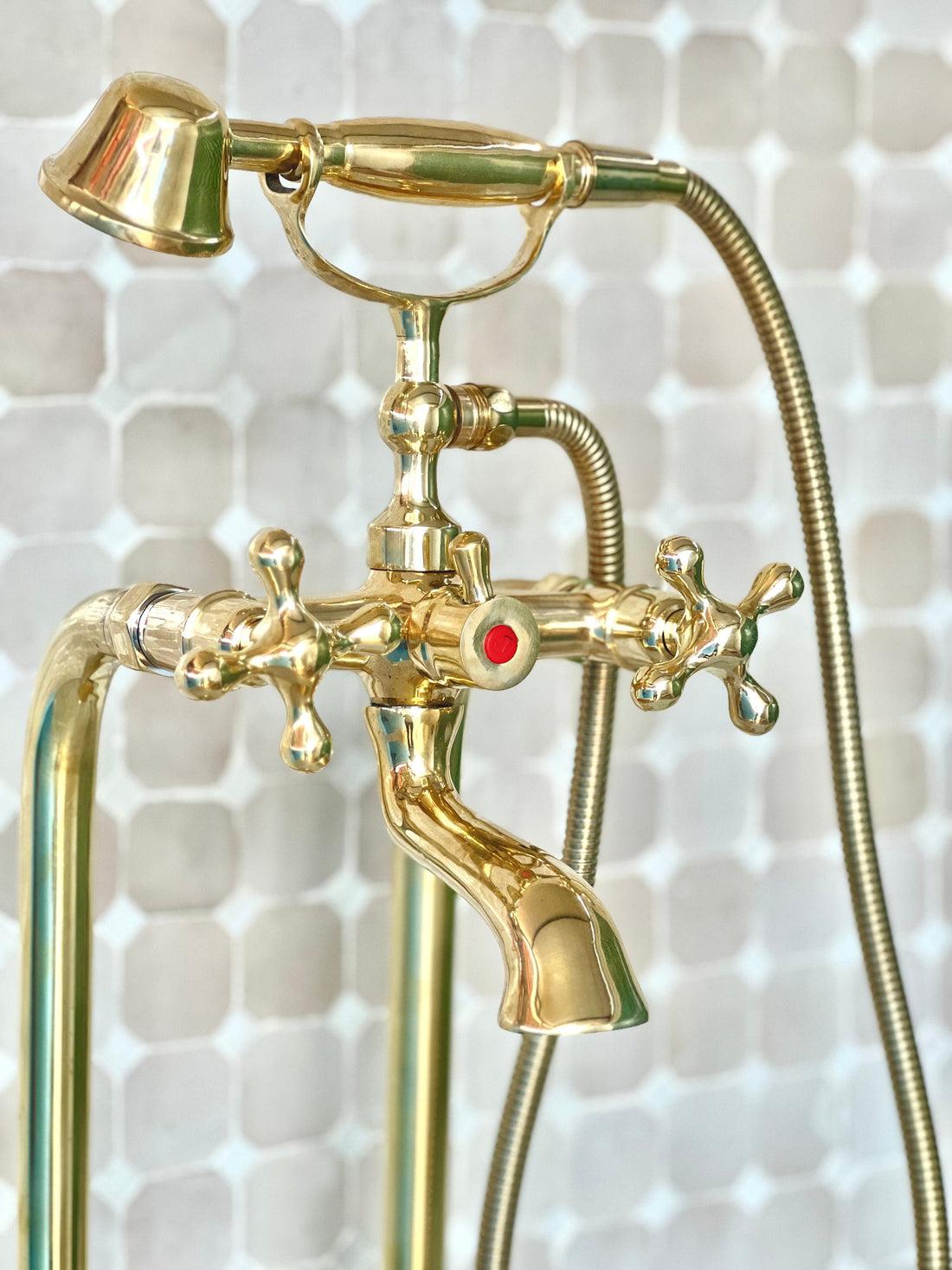 Unlacquered Brass Freestanding Tub Filler With Hand Held, Solid Brass Faucet