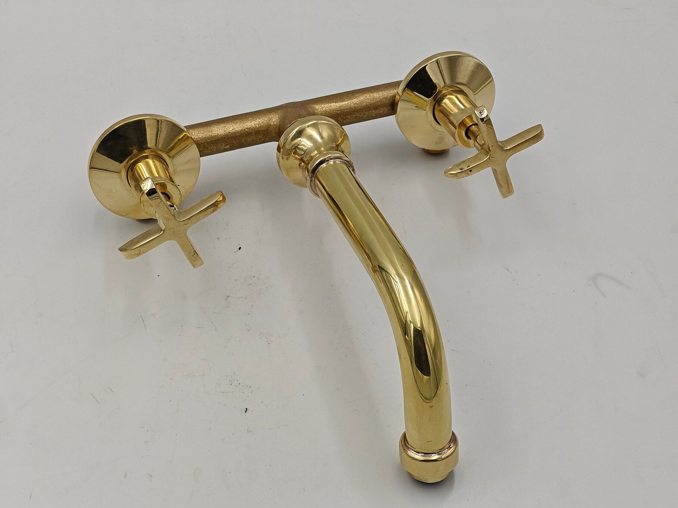 Unlacquered Solid Brass Wall-Mounted Bathroom Sink Faucet – Classic Tub Filler - bohoprime