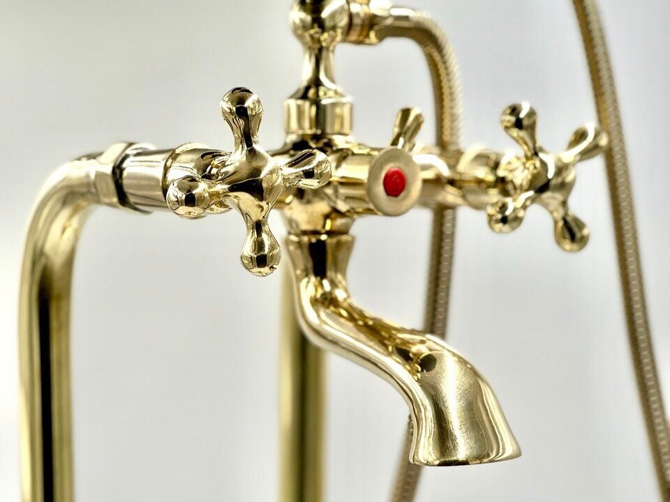 Unlacquered Brass Freestanding Antique Style Tub Filler Faucet, Solid Brass Bathtub - bohoprime