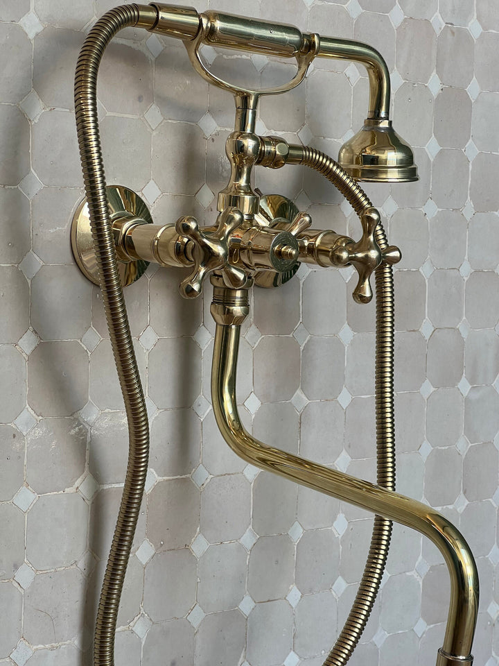 Unlacquered Brass Bathtub Faucet, Vintage Tub Filler for bathroom with sprayer - bohoprime